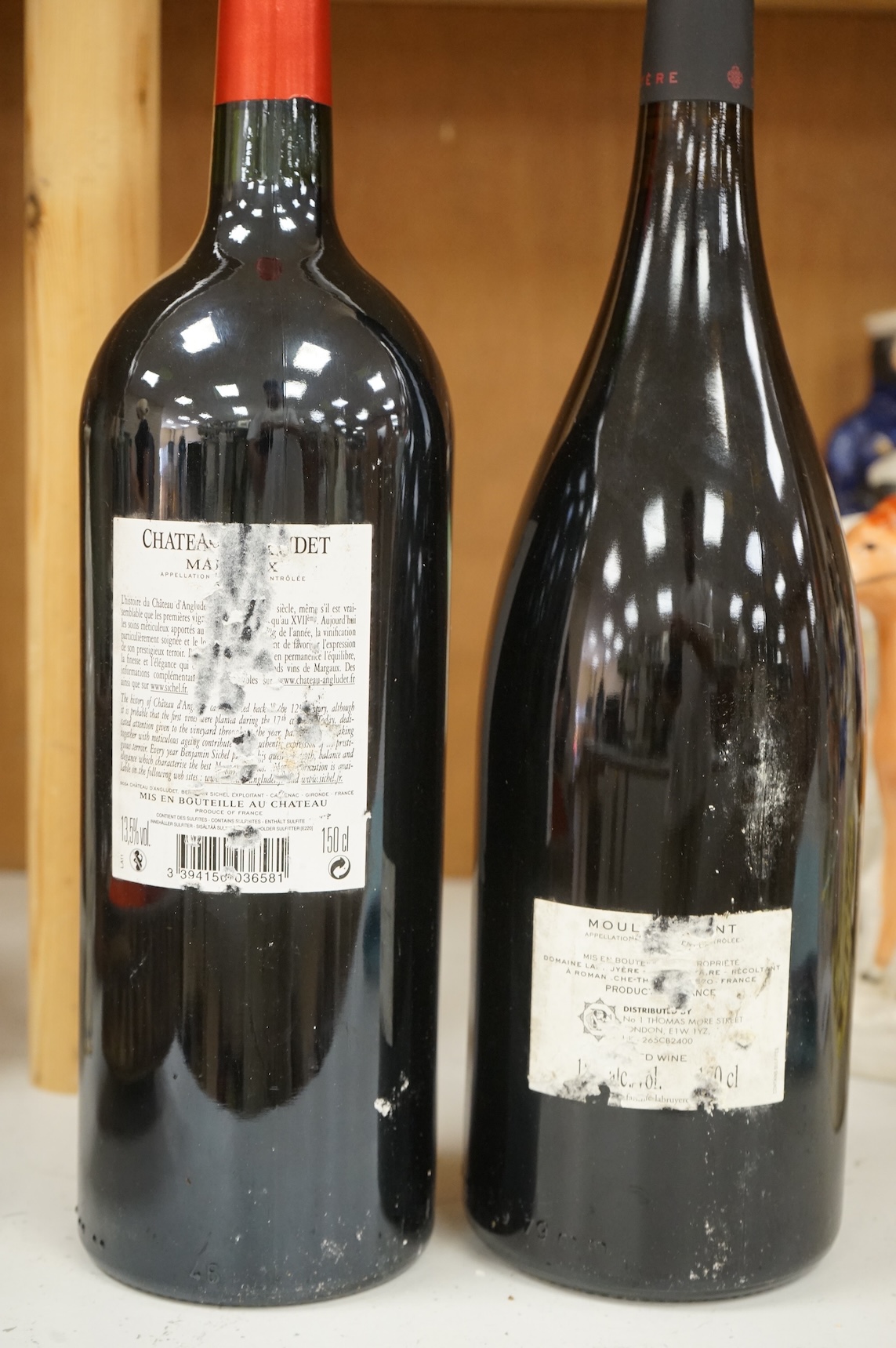 Two magnums of wine comprising Chateau Angludet Margaux 2011 and Les Clos Du Moulin A Vent 2015